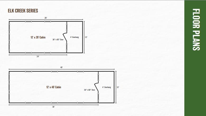 Elk Creek Series floor plans showing 12x28 and 12x40 cabin layouts with dimensions