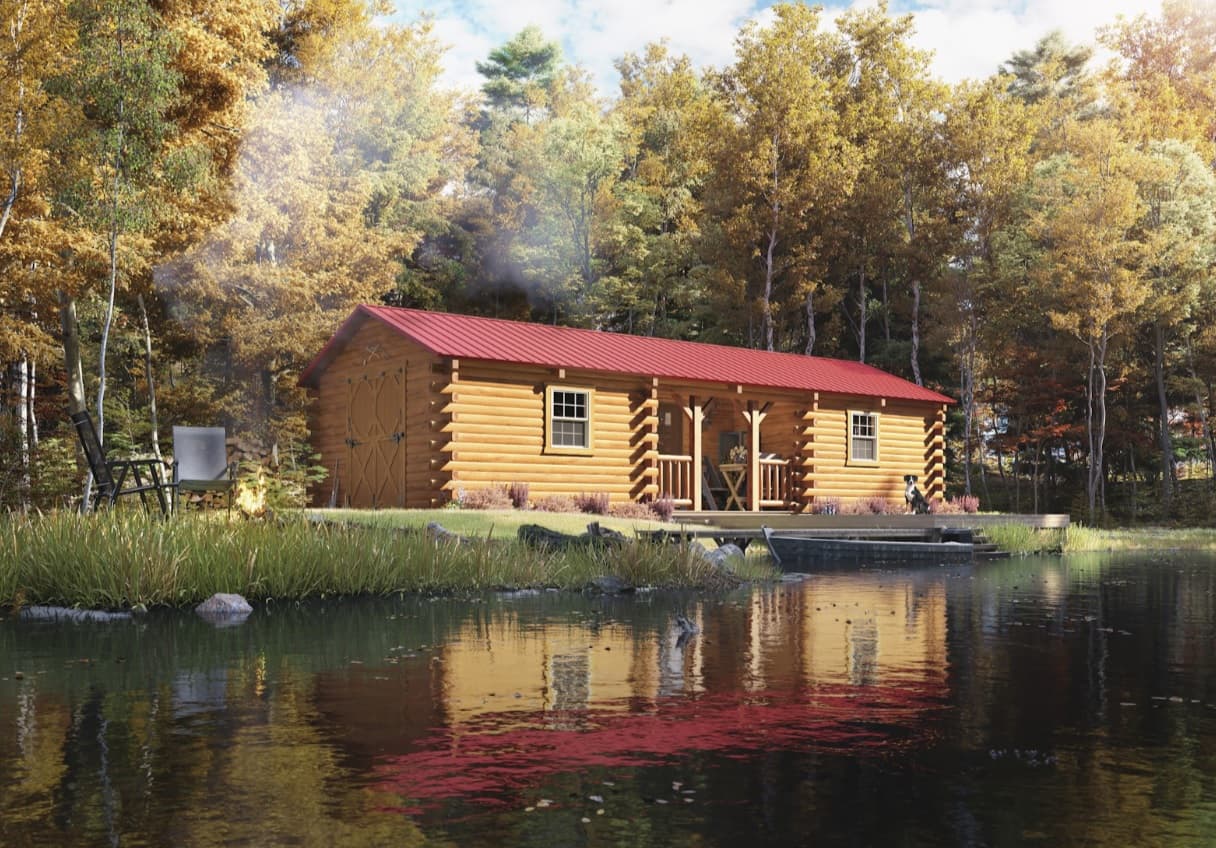 Beautiful lakeside log cabin in autumn setting